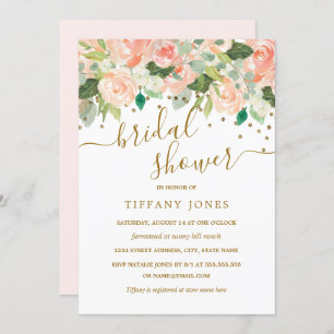 Invitación Dorada Rubor Peach Floral Watercolor Bridal Shower