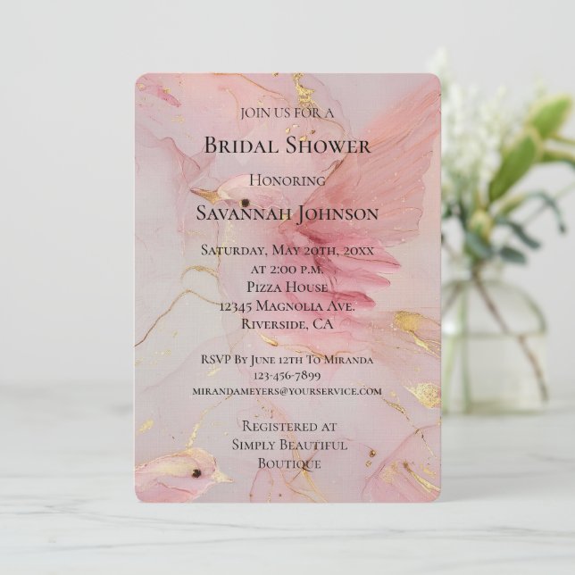 Invitación Dorada Rubor Pink Birds Bridal Shower (Anverso de pie)