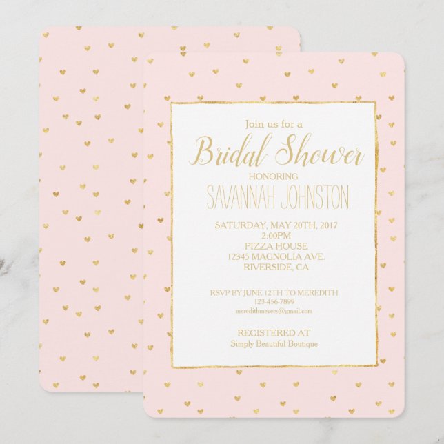 Invitación Dorada Rubor Pink Little Hearts Bridal Shower (Anverso / Reverso)