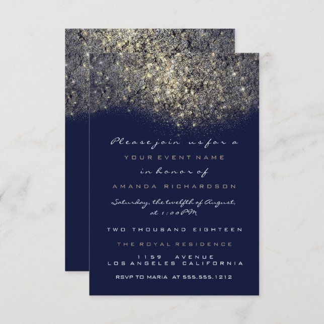 Invitación dorada sepia brillante azul marino (Anverso / Reverso)