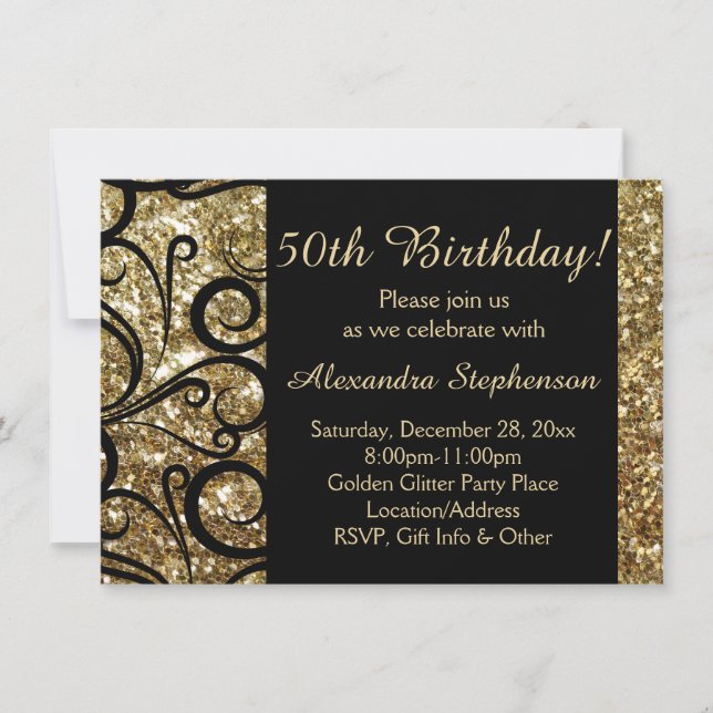 Invitación Dorada Sparkle 50.ª fiesta de cumpleaños Swirl (Anverso)