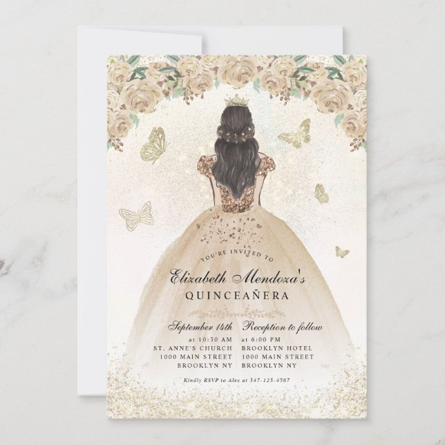 Invitación Dorada Sparkle Floral Princesa Quinceañera cumplea (Anverso)