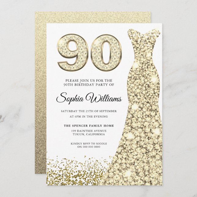 Invitación Dorada Sparkle Vestida Mujeres 90 cumpleaños fiest (Anverso / Reverso)