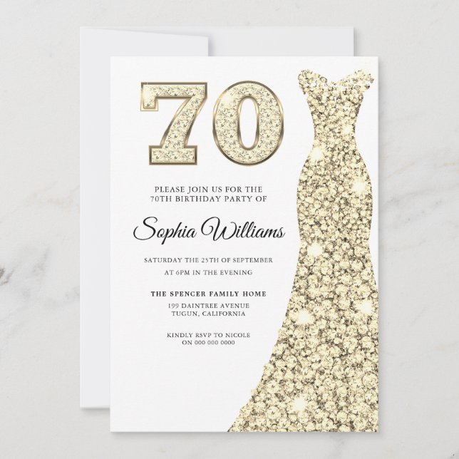 Invitación Dorada Sparkle Vestida Mujeres Fiesta de Cumpleaño (Anverso)
