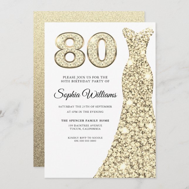 Invitación Dorada Sparkle Vestida Womans Fiesta de cumpleaños (Anverso / Reverso)