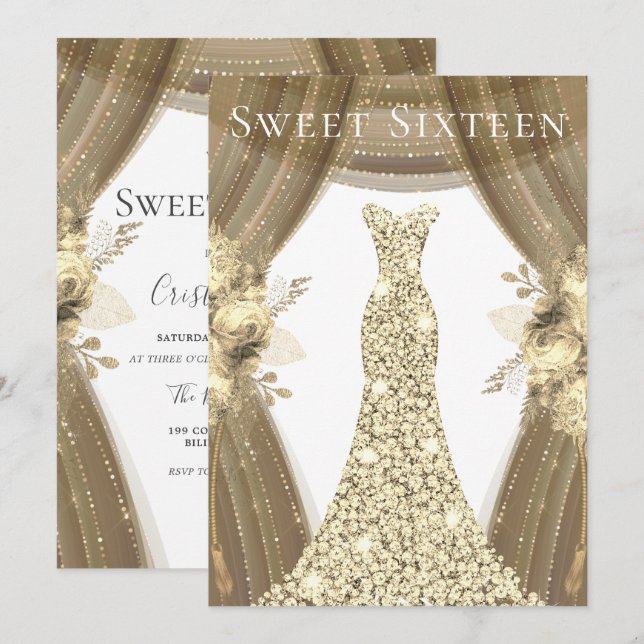 Invitación Dorada Sparkle Vestido y Flores Dulce 16 Fiesta (Anverso / Reverso)