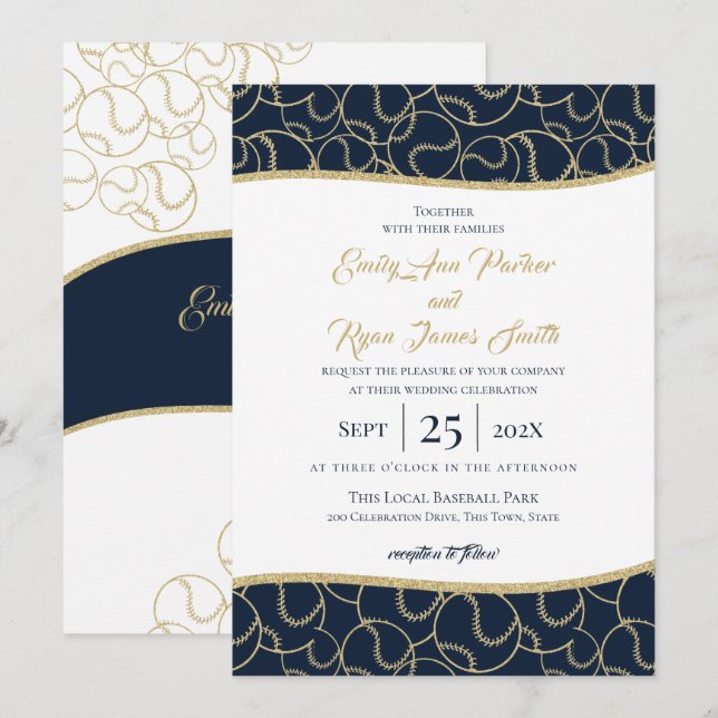 Invitación dorada y azul de los Bodas de béisbol (Anverso / Reverso)