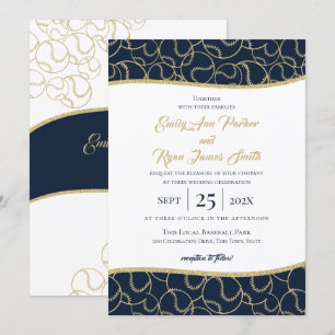 Invitación dorada y azul de los Bodas de béisbol