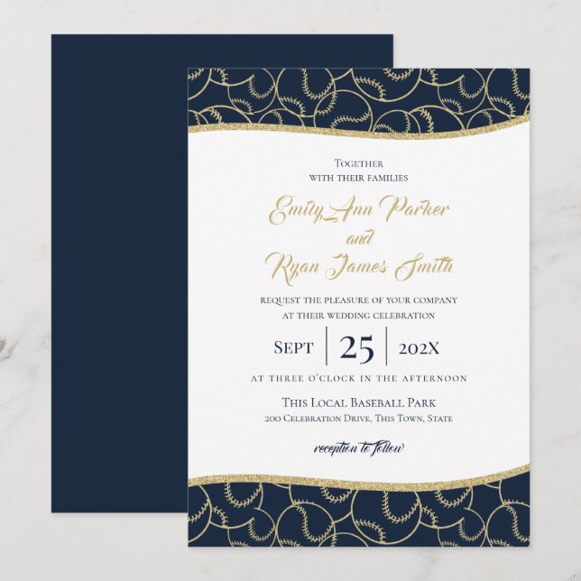 Invitación dorada y azul de los Bodas de béisbol (Anverso / Reverso)