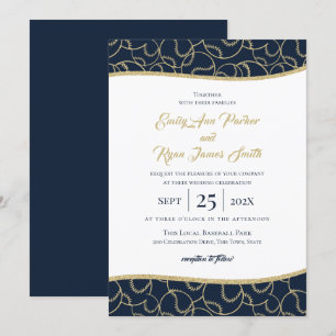 Invitación dorada y azul de los Bodas de béisbol
