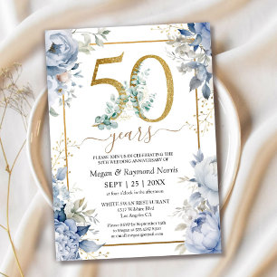 Invitación Dorado 50° Aniversario Boda Dusty Blue Floral