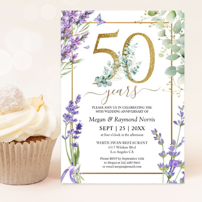 Invitación Dorado 50° aniversario Boda Lavanda púrpura (Subido por el creador)