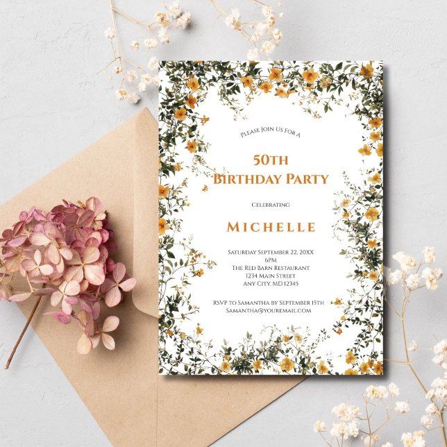 Invitación Dorado amarillo acuarela Floral Verde 50 cumpleaño (Gold yellow watercolor florals greenery botanicals 50th birthday party invitation for her. )
