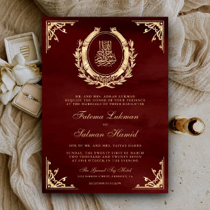 Invitación Dorado Antiguo Cresta Borgoña Rojo Boda Musulmana