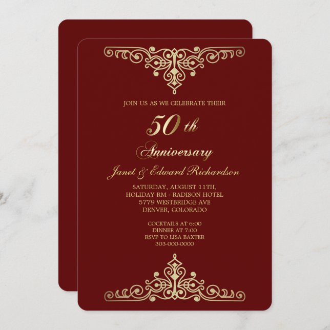 Invitación Dorado Antiguo Rojo Victoriano Aniversario Dorado (Anverso / Reverso)