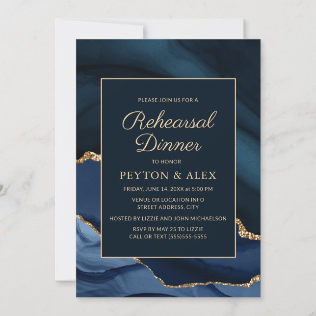 Invitación Dorado azul de la marina de mármol elegante cena (Anverso)