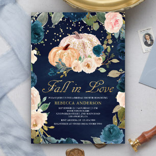 Invitación Dorado azul de la marina Peach Floral Calabaza Bri