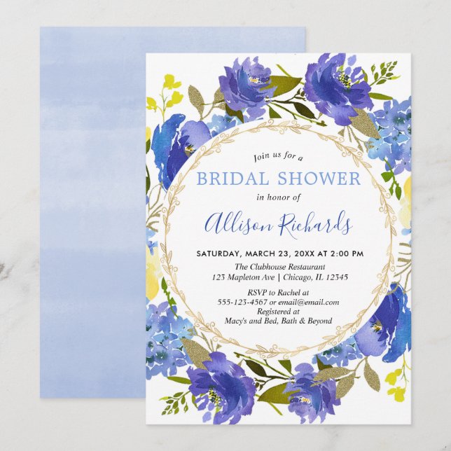 Invitación Dorado azul dorado elegante floral ducha de novia (Anverso / Reverso)