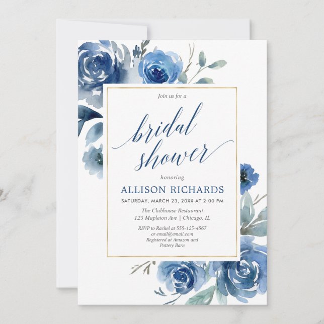 Invitación Dorado azul floral elegante peony ducha de novia (Anverso)