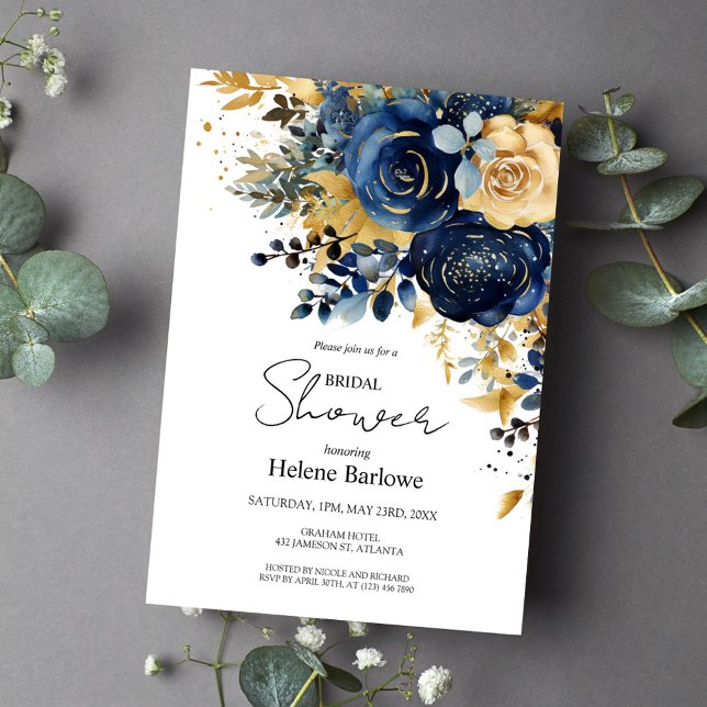 Invitación Dorado azul marino moderno Floral Bridal Shower (Navy Blue Gold Modern Floral Bridal Shower Invitation)