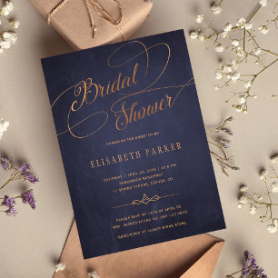 Invitación Dorado azul marino vintage caligrafía de oro ducha