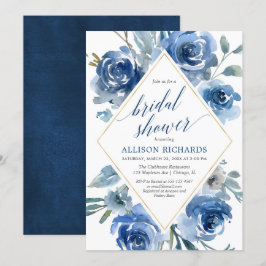 Invitación Dorado azul peonías acuarela elegante ducha novia