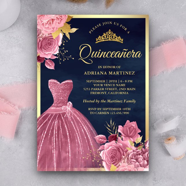 Invitación Dorado azul quinceanera floral rosa mojado (Subido por el creador)