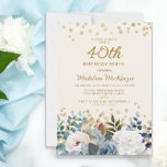 Invitación Dorado azul turbio floral blanco 40 cumpleaños<br><div class="desc">Elegante rosa azul y blanco polvoriento, floral y verde invitación a la fiesta de cumpleaños número 40 de las mujeres con purpurina de oro. Esta invitación está impresa en ambos lados. Comuníquese conmigo para obtener ayuda con sus personalizaciones o para solicitar productos adicionales de correspondencias o coordinación de Zazzle para...</div>