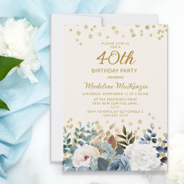 Invitación Dorado azul turbio floral blanco 40 cumpleaños