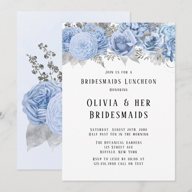 Invitación Dorado azul y plata floral Bridesmaides Luncheon (Anverso / Reverso)