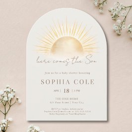 Invitación Dorado Beige Ahí Viene El Hijo Baño De Niño