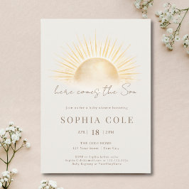 Invitación Dorado Beige Aquí Viene El Niño Bautizo de Bebe Va