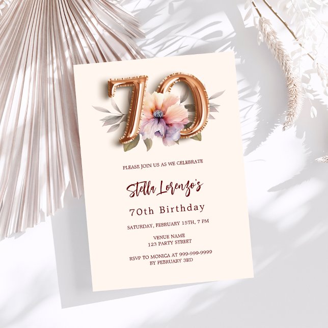 Invitación Dorado beige de melocotón floral 70 cumpleaños (Subido por el creador)