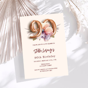 Invitación Dorado beige de melocotón floral 90 cumpleaños