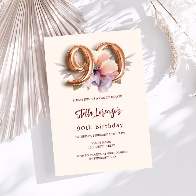 Invitación Dorado beige de melocotón floral 90 cumpleaños (Subido por el creador)
