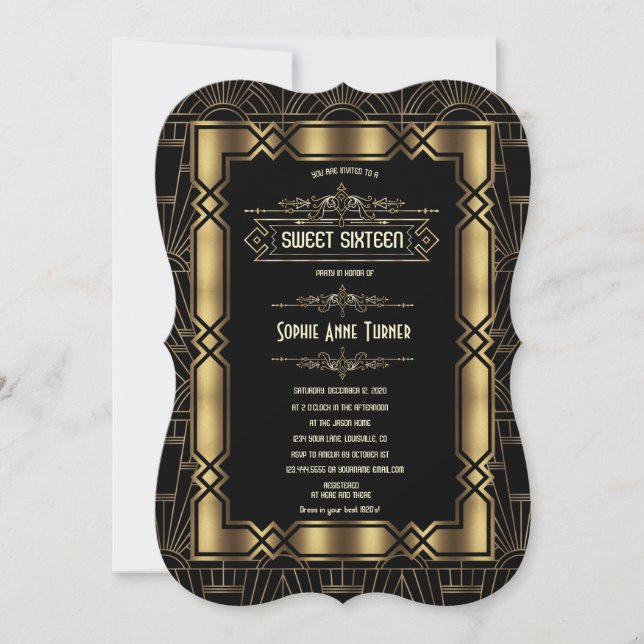 Invitación Dorado Black Art Deco Gatsby 1920 Sweet 16 (Anverso)