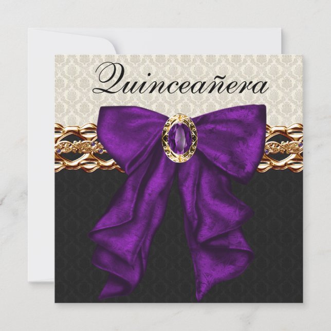 Invitación Dorado Black Damask Purple Quinceanera (Anverso)