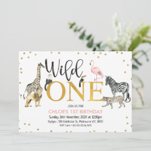 Invitación Dorado Black Pink Wild One Safari Animales Cumplea