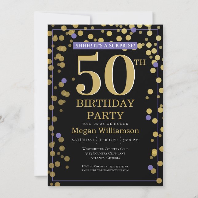 Invitación Dorado Black Purple Surprise 50 cumpleaños (Anverso)