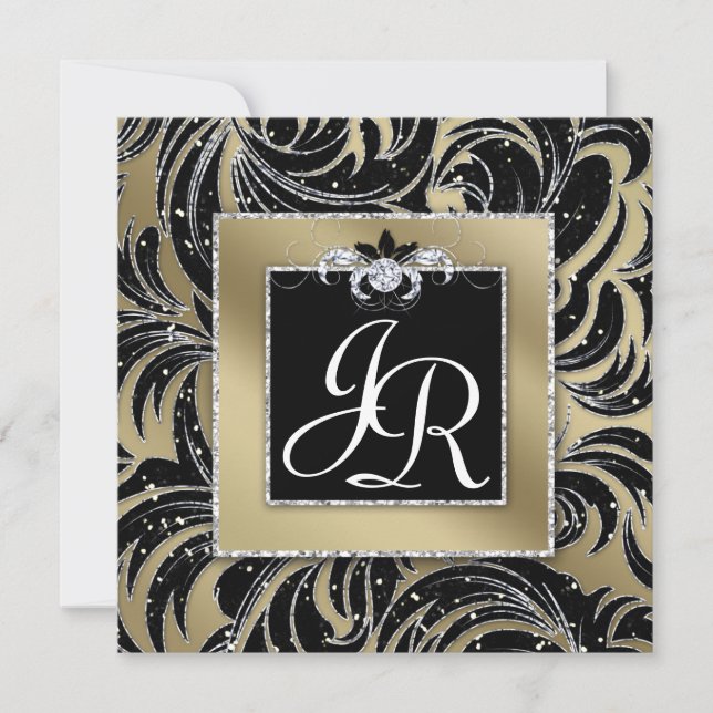 Invitación Dorado Black Sparkle Boda Leaf Floral  (Anverso)