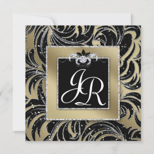 Invitación Dorado Black Sparkle Boda Leaf Floral 