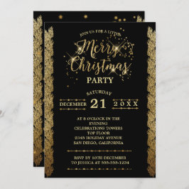 Invitación Dorado Black Sparkles Feliz Fiesta de Navidad