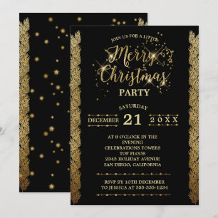 Invitación Dorado Black Sparkles Feliz Fiesta de Navidad