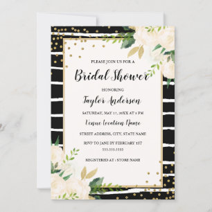 Invitación Dorado Black Stripe Floral Bridal Shower