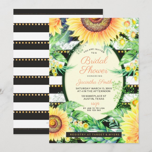 Invitación Dorado Black Strips Yellow Sunflowers Brillante Sh (Anverso / Reverso)