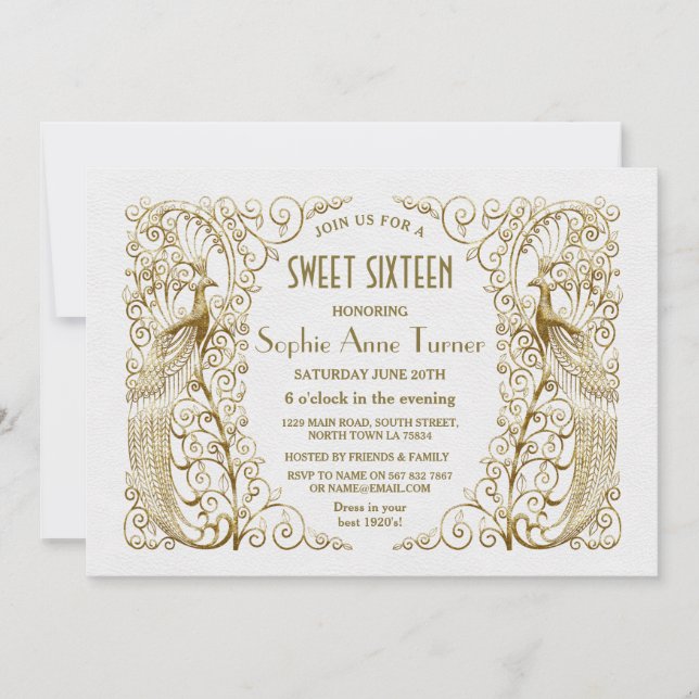 Invitación Dorado blanco de lujo Art Deco Peacocks dulce diec (Anverso)