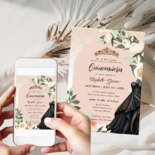 Invitación Dorado blanco floral negro vestido Quinceanera cum