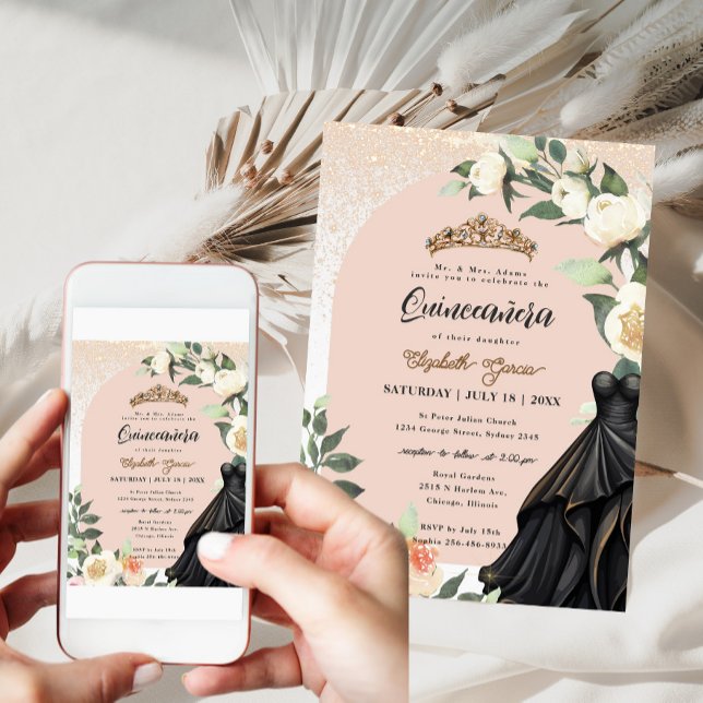 Invitación Dorado blanco floral negro vestido Quinceanera cum (Subido por el creador)
