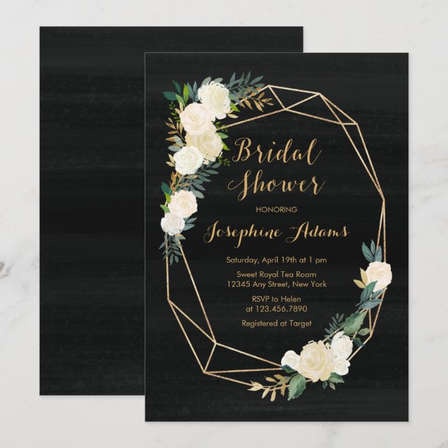 Invitación Dorado blanco negro floral acuarela ducha de novia (Anverso / Reverso)