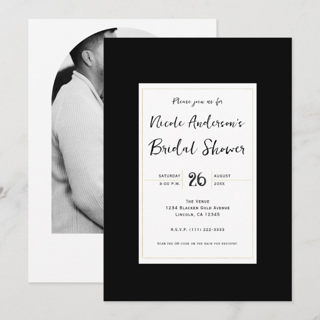 Invitación Dorado blanco negro moderno ducha de novia mínima (Anverso / Reverso)